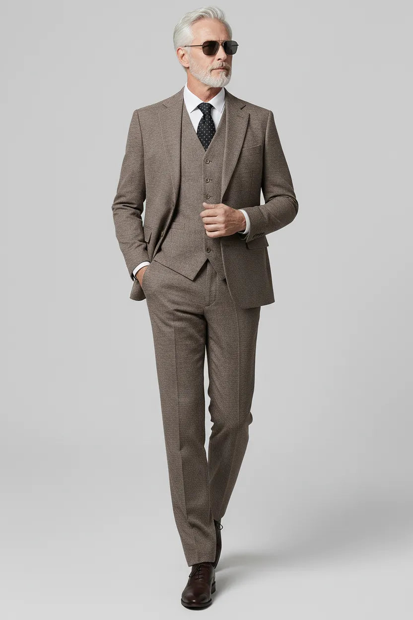 Man wearing The Sandstone Tweed coffee brown 3-piece suit with sunglasses - Nevo Suits