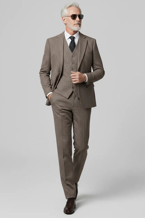 Man wearing The Sandstone Tweed coffee brown 3-piece suit with sunglasses - Nevo Suits
