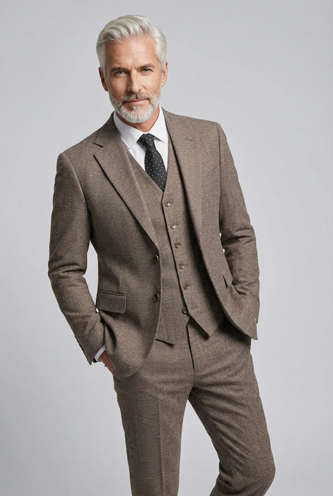 Sandstone Tweed - Coffee Brown Textured 3-Piece Suit - Nevo Suits