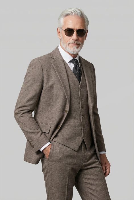 Sandstone Tweed - Coffee Brown Textured 3-Piece Suit - Nevo Suits