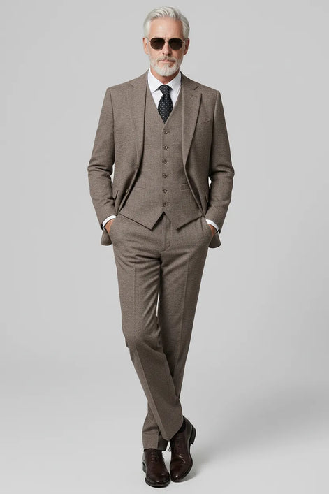Sandstone Tweed - Coffee Brown Textured 3-Piece Suit - Nevo Suits