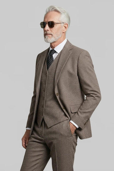 Sandstone Tweed - Coffee Brown Textured 3-Piece Suit - Nevo Suits