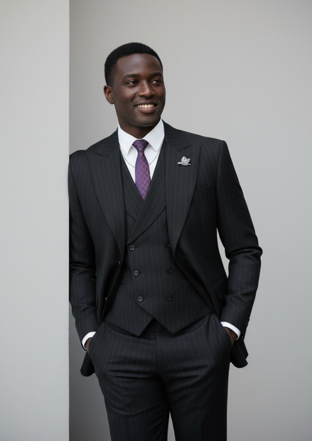 Men’s Black Pinstripe 3-Piece Suit Peak Lapel