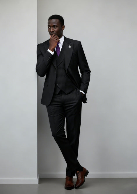 Men’s Black Pinstripe 3-Piece Suit Peak Lapel