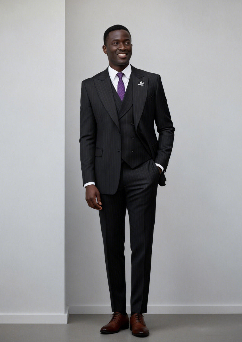 Men’s Black Pinstripe 3-Piece Suit Peak Lapel