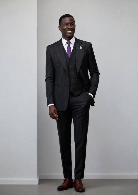 Men’s Black Pinstripe 3-Piece Suit Peak Lapel