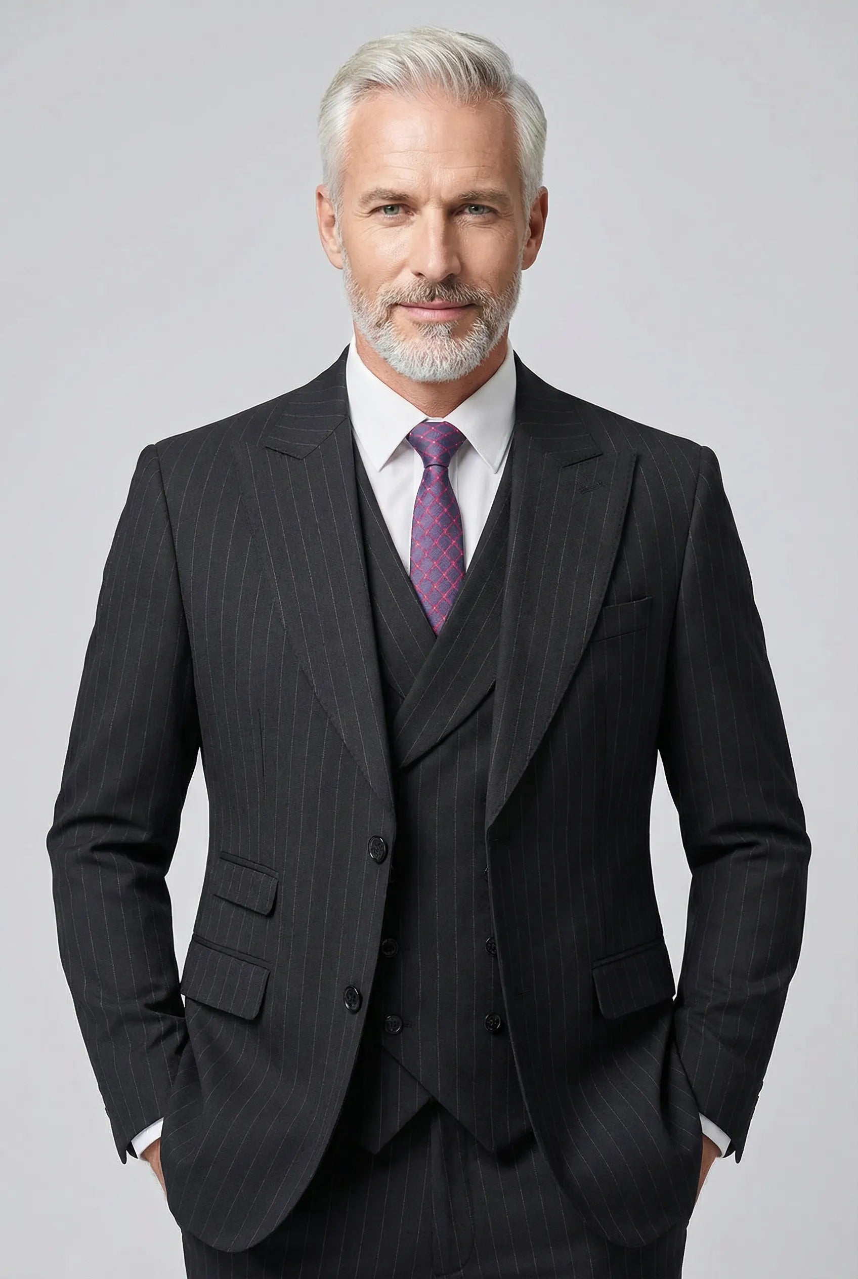 Obsidian Peak - Black Pinstripe Double-Breasted Vest 3-Piece Suit - Nevo Suits