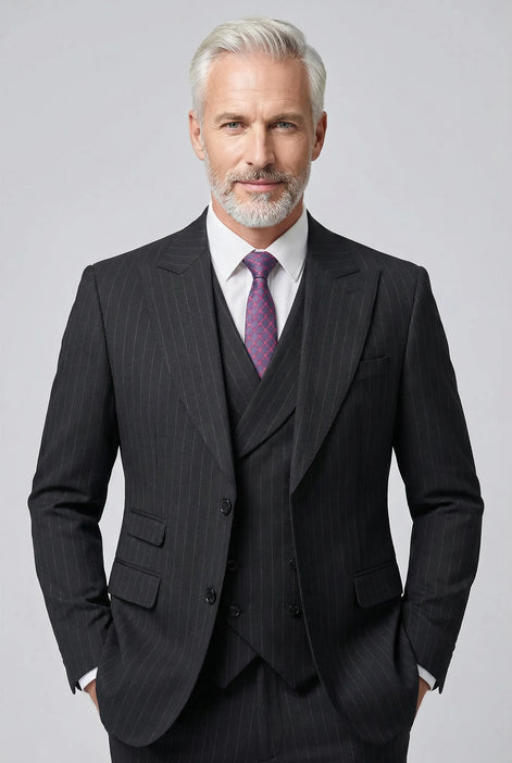 Obsidian Peak - Black Pinstripe Double-Breasted Vest 3-Piece Suit - Nevo Suits