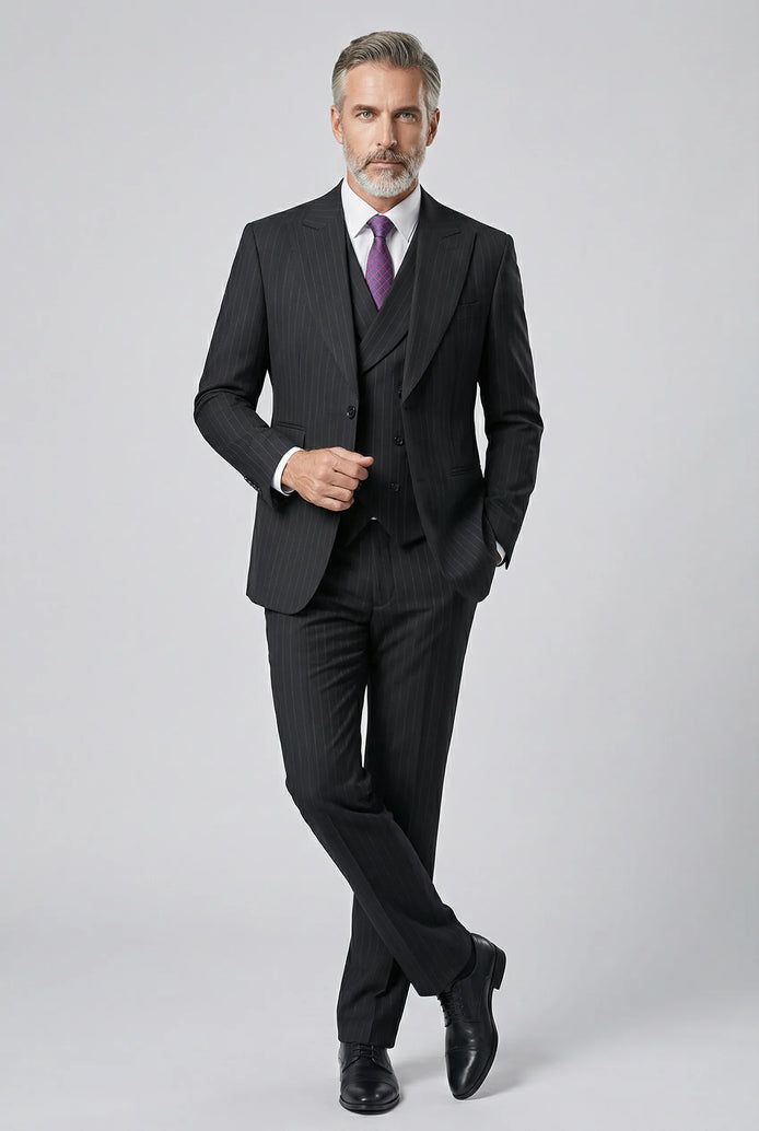 Obsidian Peak - Black Pinstripe Double-Breasted Vest 3-Piece Suit - Nevo Suits