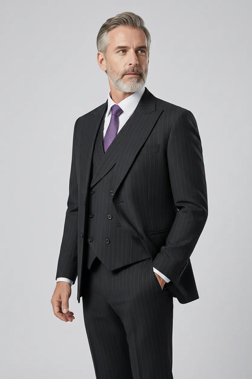 Obsidian Peak - Black Pinstripe Double-Breasted Vest 3-Piece Suit - Nevo Suits