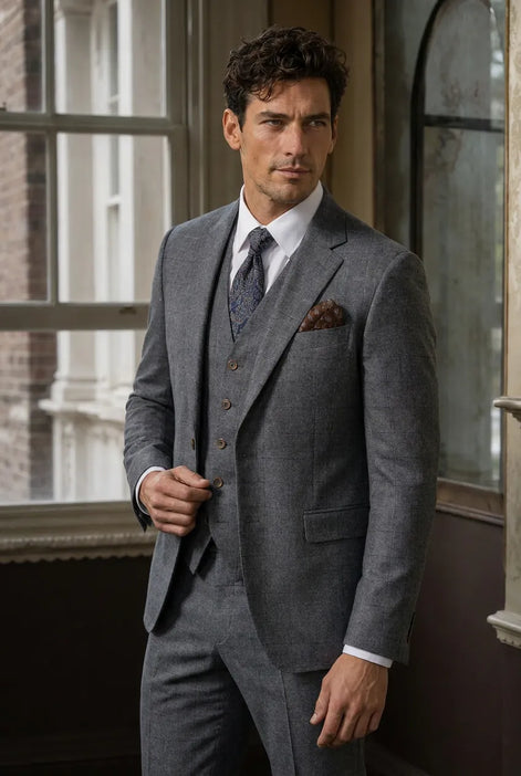 Pewter Meridian - Grey Windowpane 3-Piece Suit Set