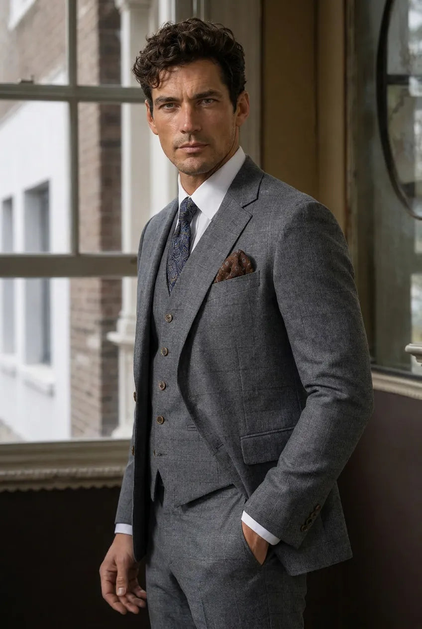 Pewter Meridian - Grey Windowpane 3-Piece Suit Set
