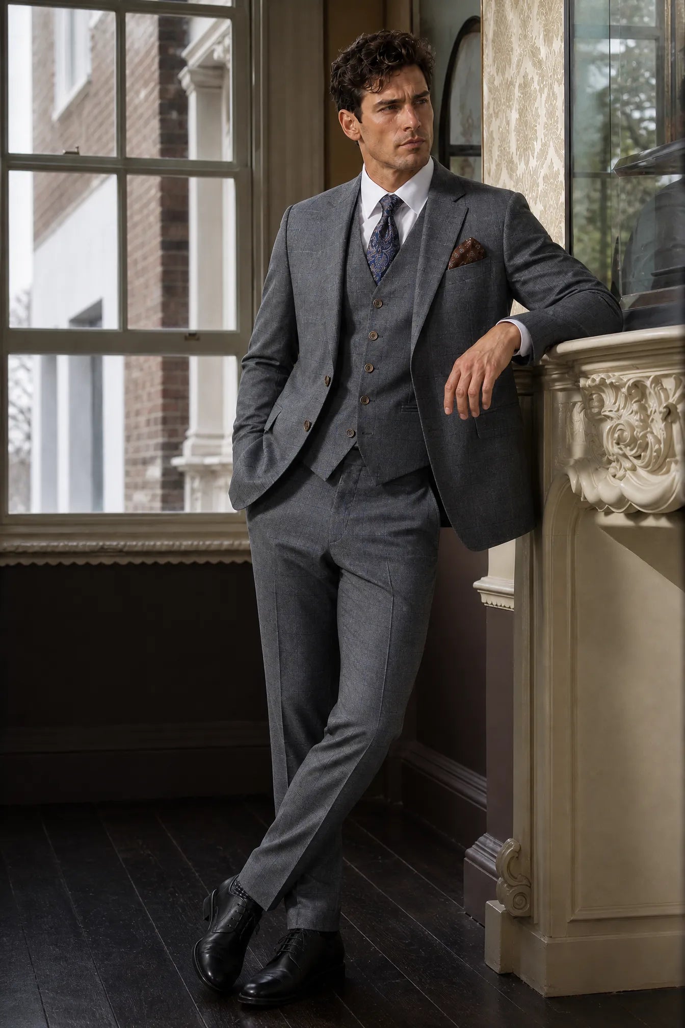 Pewter Meridian - Grey Windowpane 3-Piece Suit Set