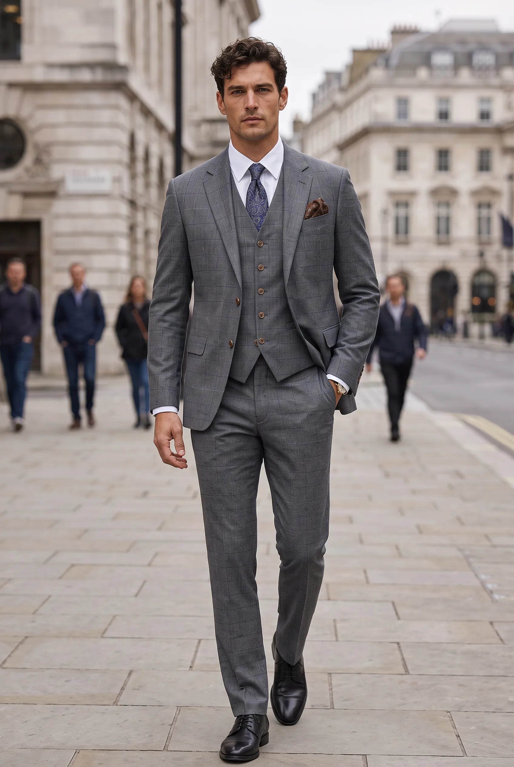 Pewter Meridian - Grey Windowpane 3-Piece Suit Set