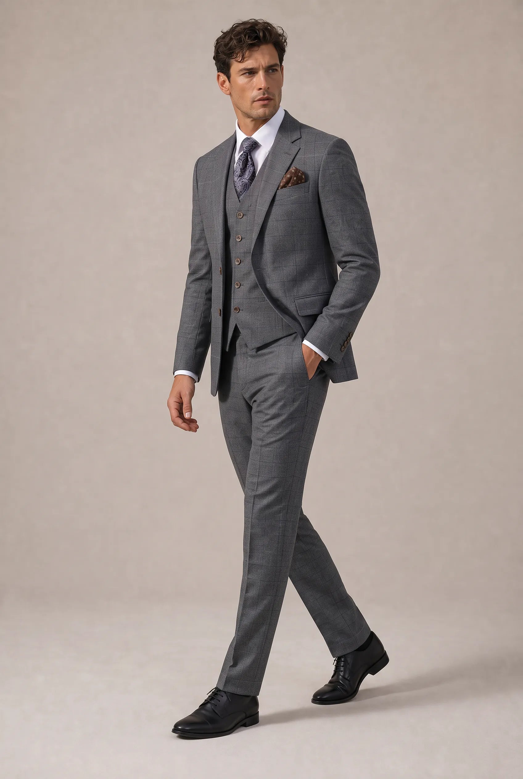 Pewter Meridian - Grey Windowpane 3-Piece Suit Set