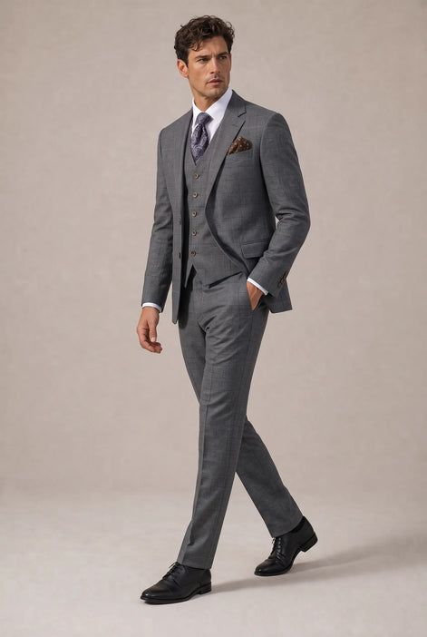 Pewter Meridian - Grey Windowpane 3-Piece Suit Set