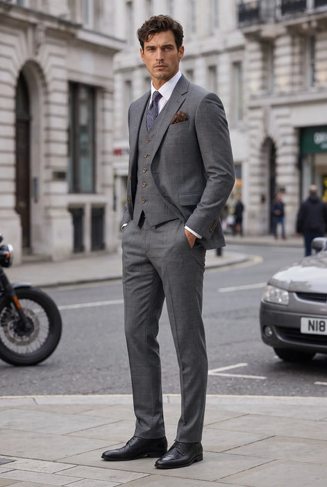 Pewter Meridian - Grey Windowpane 3-Piece Suit Set