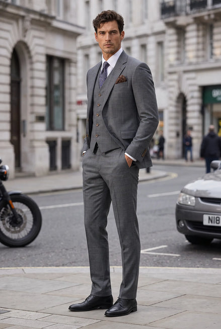 Pewter Meridian - Grey Windowpane 3-Piece Suit Set