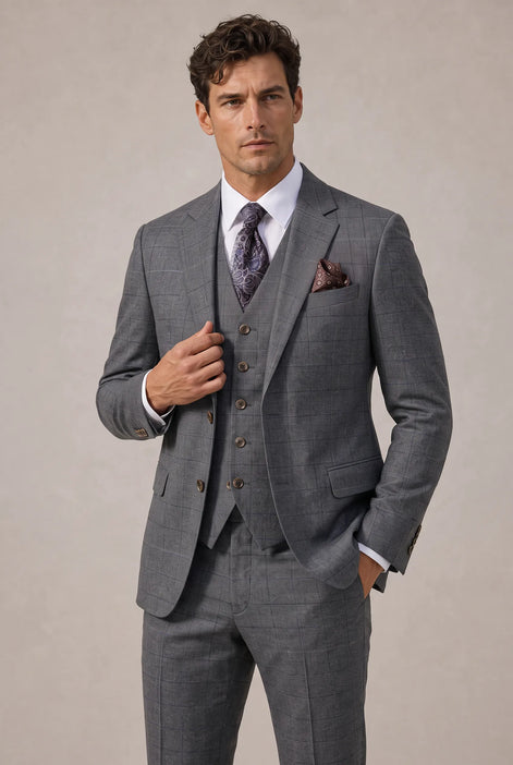 Pewter Meridian - Grey Windowpane 3-Piece Suit Set
