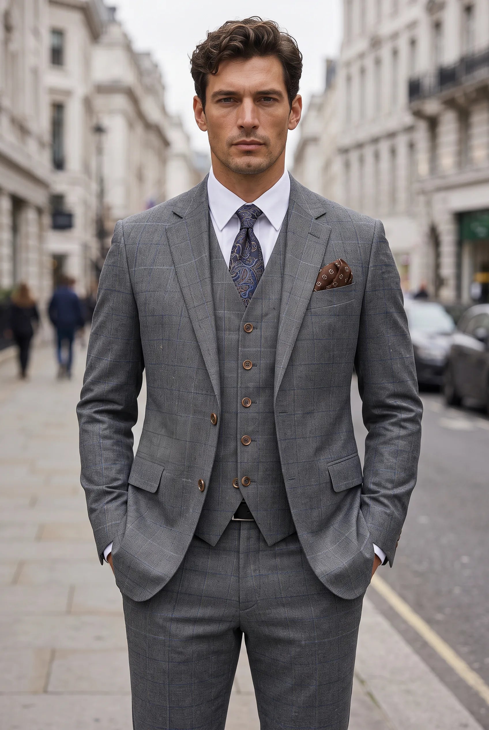Pewter Meridian - Grey Windowpane 3-Piece Suit Set