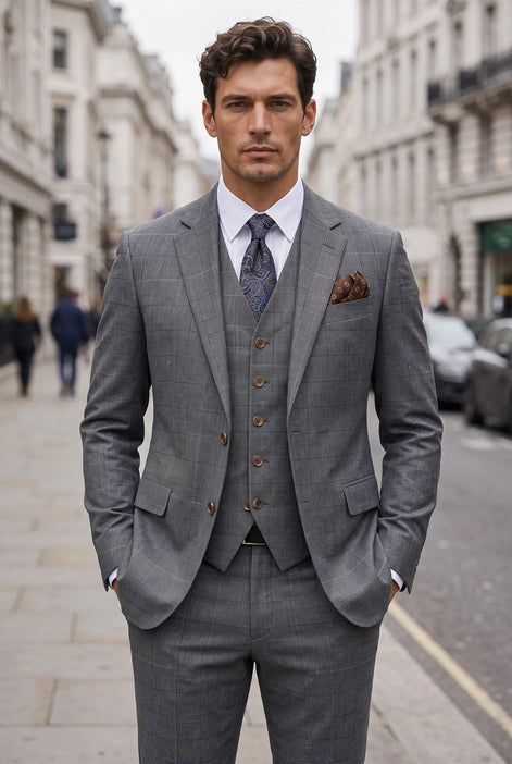 Pewter Meridian - Grey Windowpane 3-Piece Suit Set