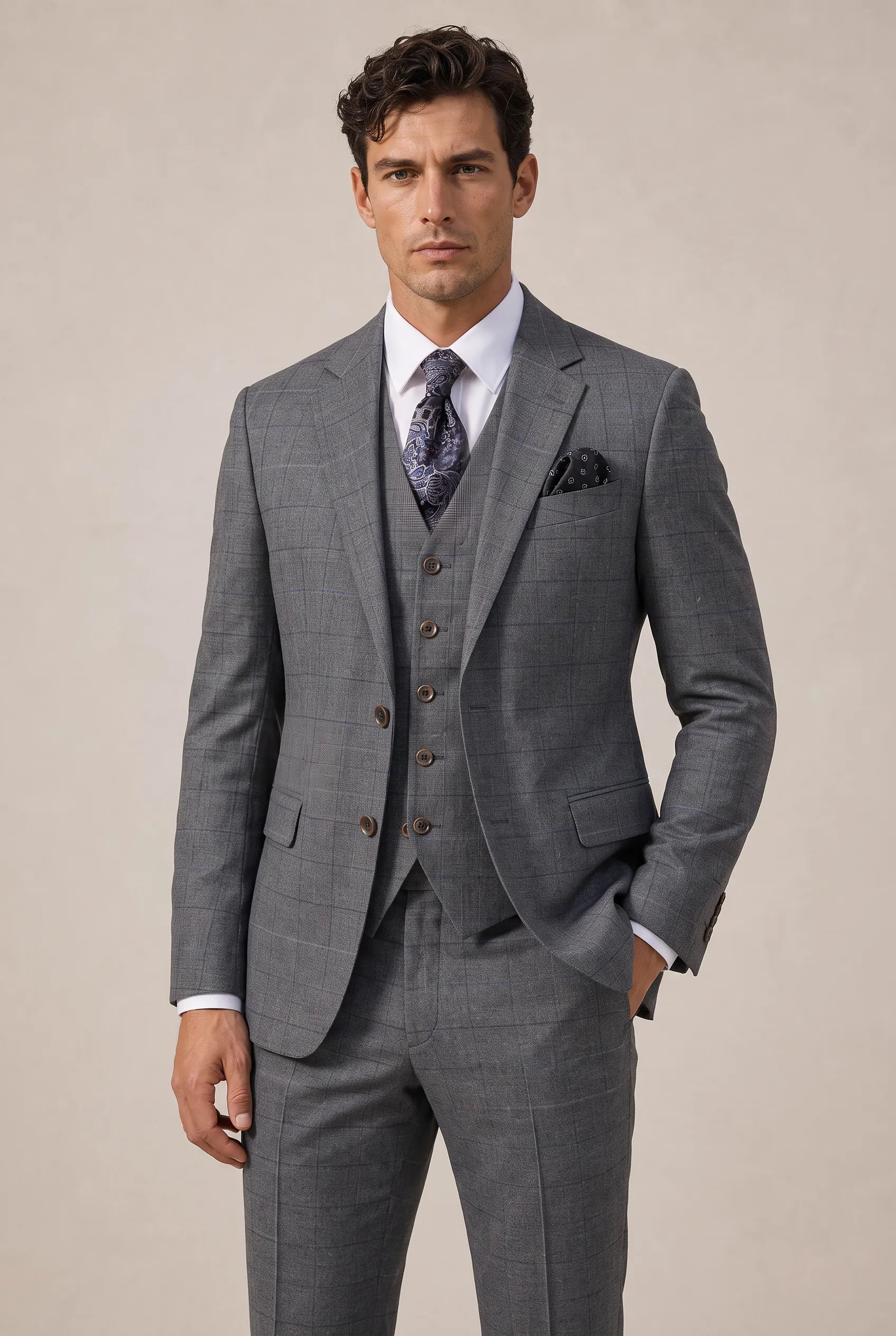 Pewter Meridian - Grey Windowpane 3-Piece Suit Set