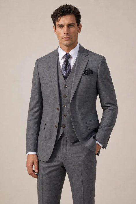 Pewter Meridian - Grey Windowpane 3-Piece Suit Set