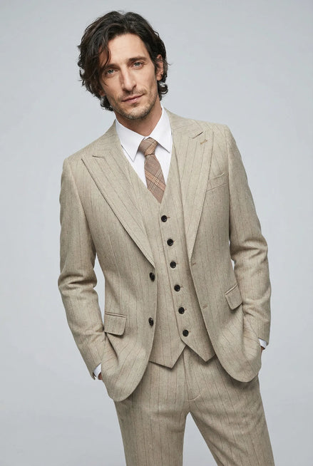 Saharan Pinstripe - Khaki Herringbone 3-Piece Suit - Nevo Suits