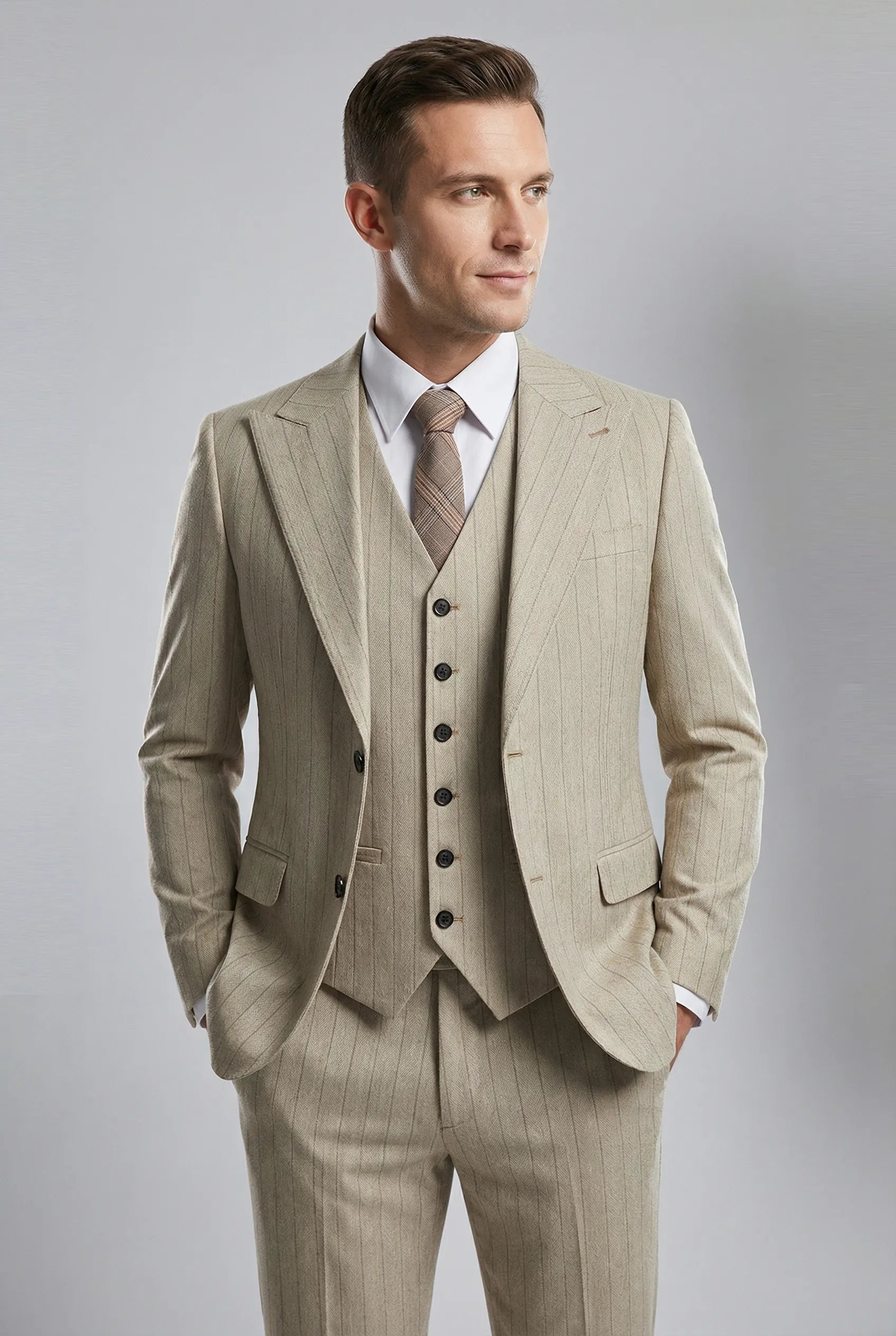 Saharan Pinstripe - Khaki Herringbone 3-Piece Suit - Nevo Suits