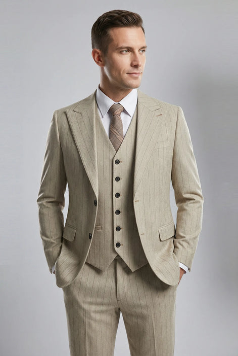 Saharan Pinstripe - Khaki Herringbone 3-Piece Suit - Nevo Suits