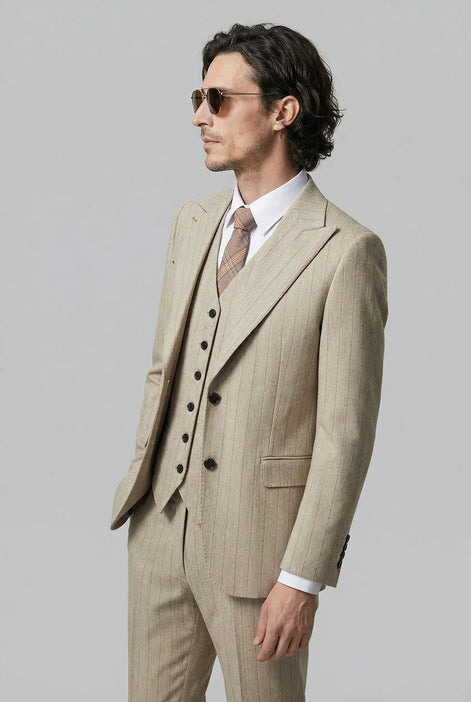 Saharan Pinstripe - Khaki Herringbone 3-Piece Suit - Nevo Suits