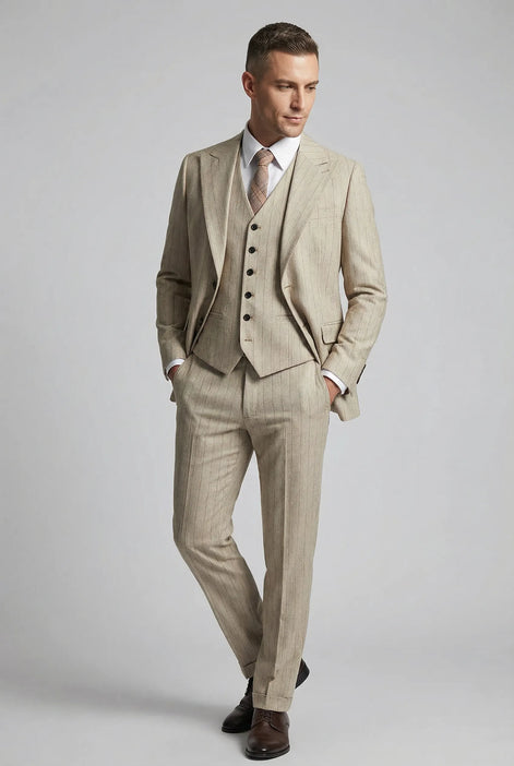 Saharan Pinstripe - Khaki Herringbone 3-Piece Suit - Nevo Suits