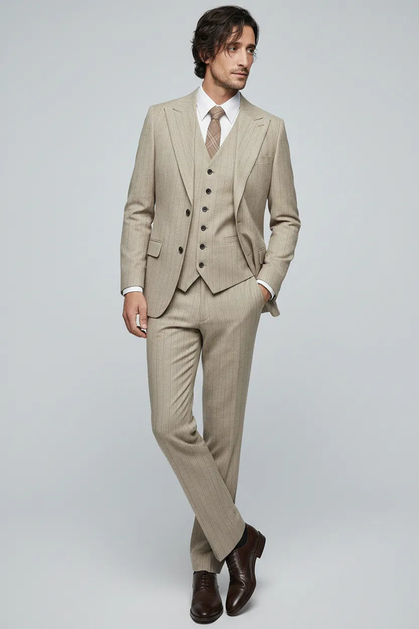 Saharan Pinstripe - Khaki Herringbone 3-Piece Suit - Nevo Suits