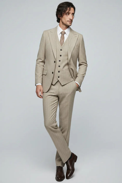 Saharan Pinstripe - Khaki Herringbone 3-Piece Suit - Nevo Suits