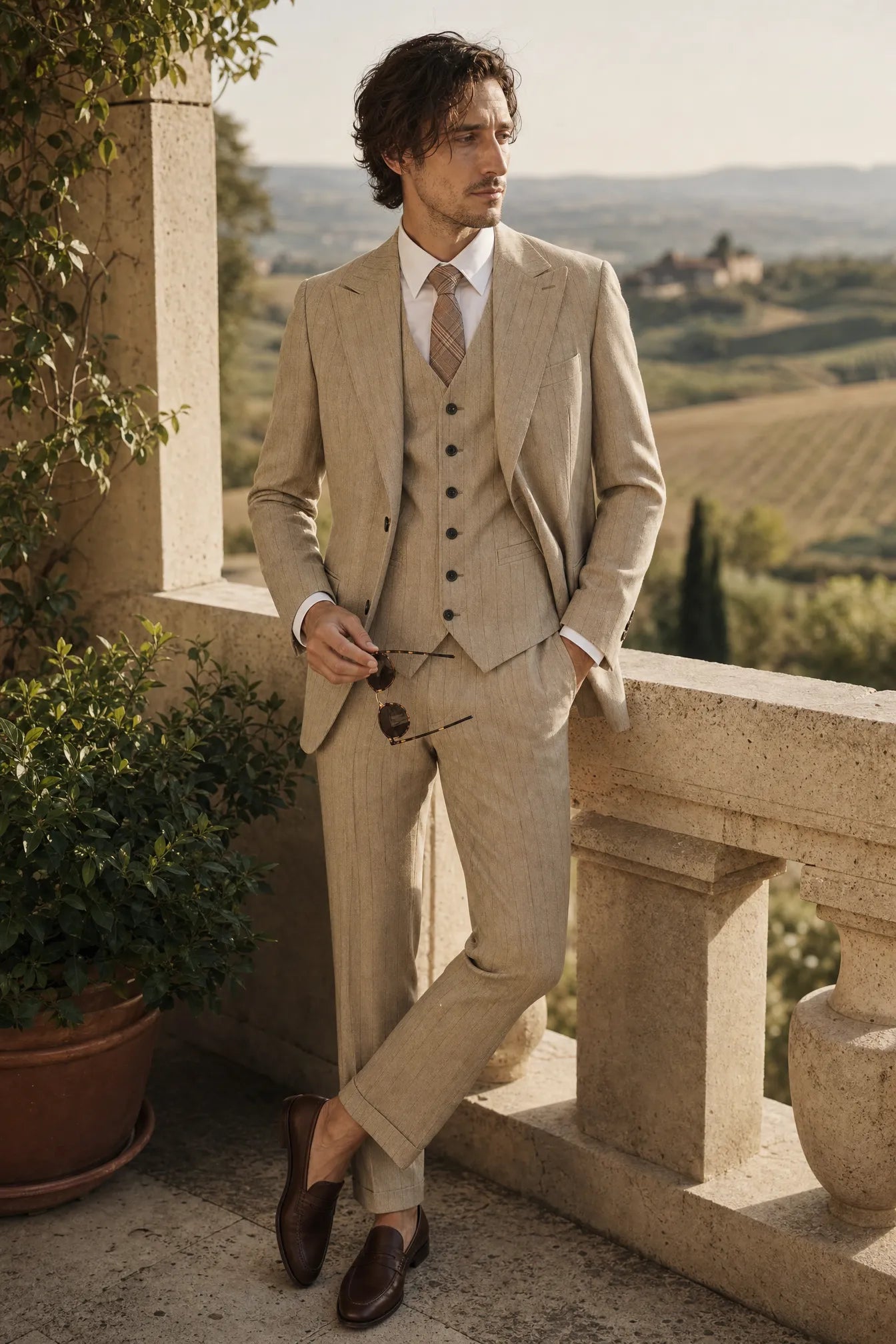 Saharan Pinstripe - Khaki Herringbone 3-Piece Suit Set