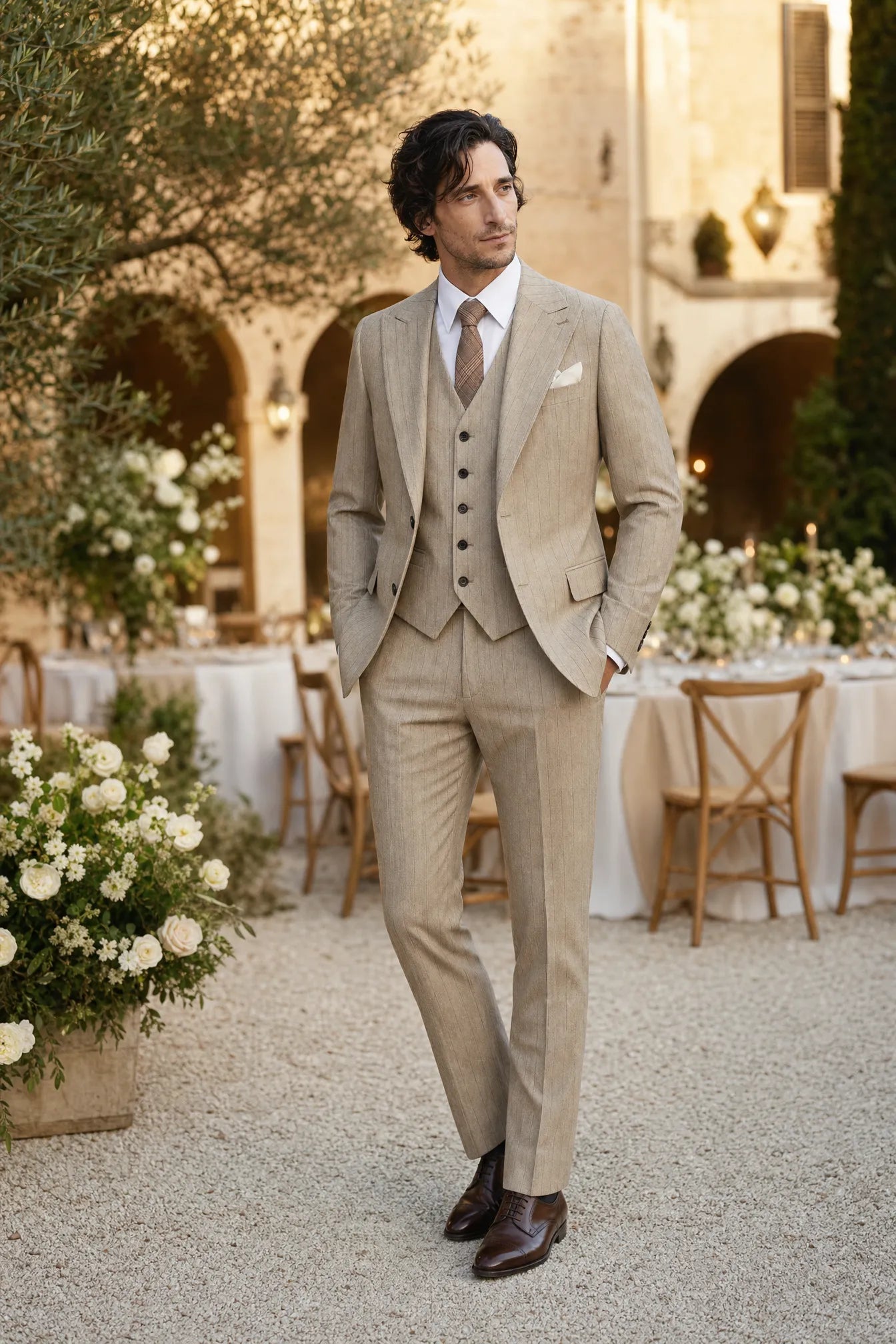 Saharan Pinstripe - Khaki Herringbone 3-Piece Suit Set