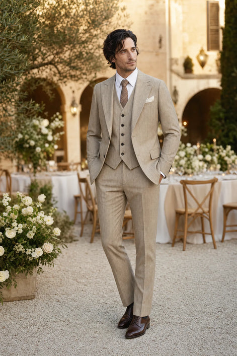 Saharan Pinstripe - Khaki Herringbone 3-Piece Suit Set
