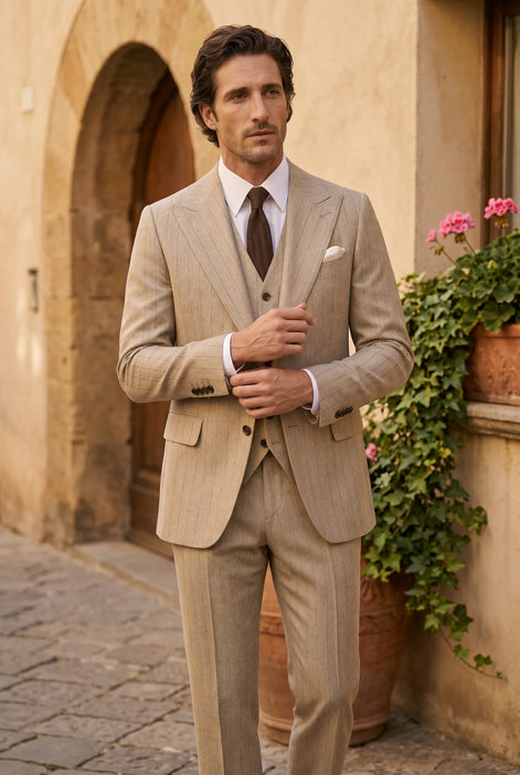 Saharan Pinstripe - Khaki Herringbone 3-Piece Suit Set