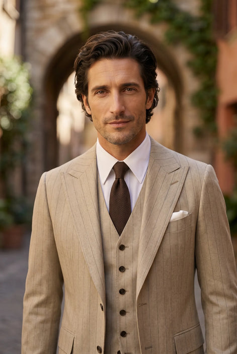 Saharan Pinstripe - Khaki Herringbone 3-Piece Suit Set