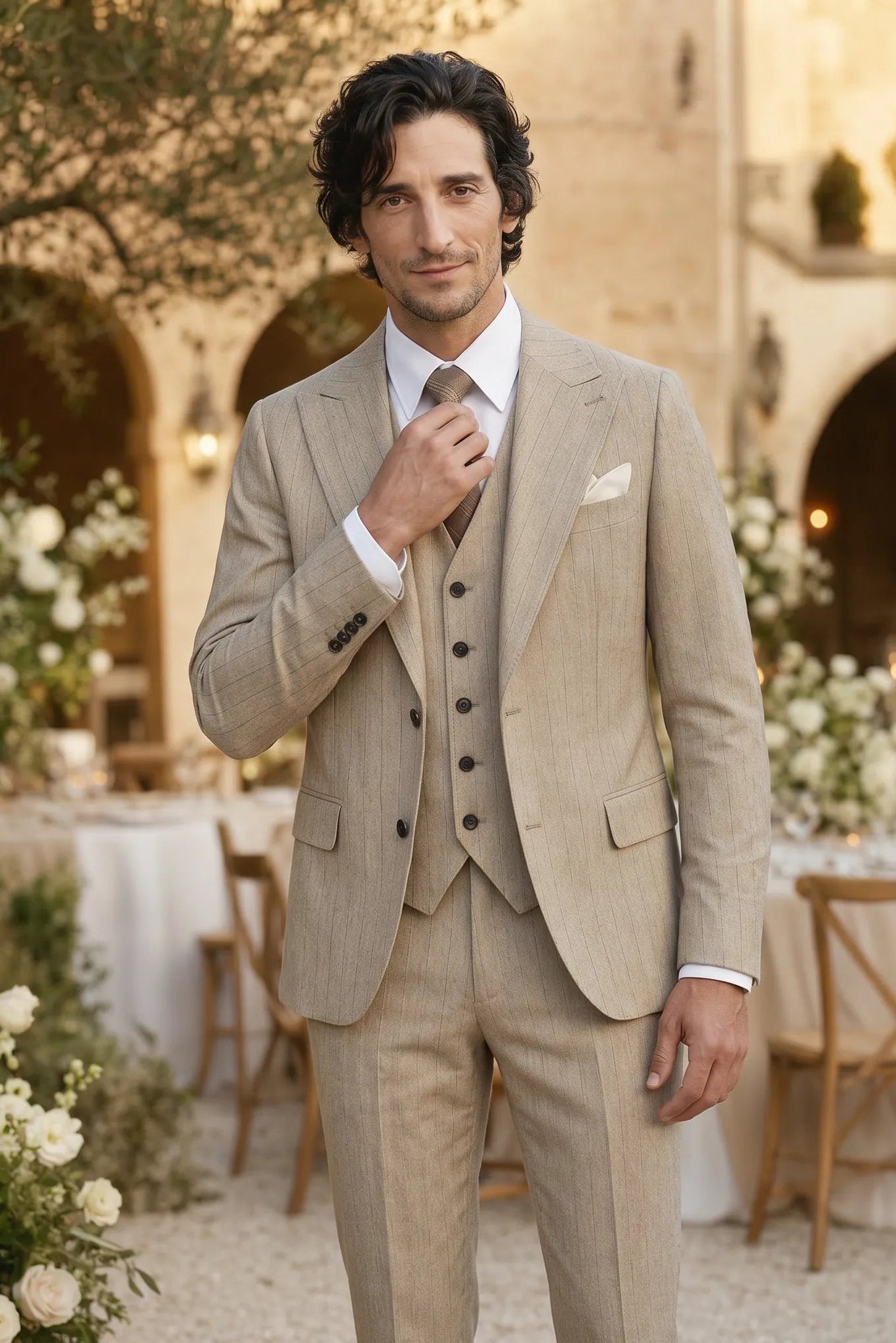 Man in a beige suit standing in an outdoor setting with tables and floral arrangements.