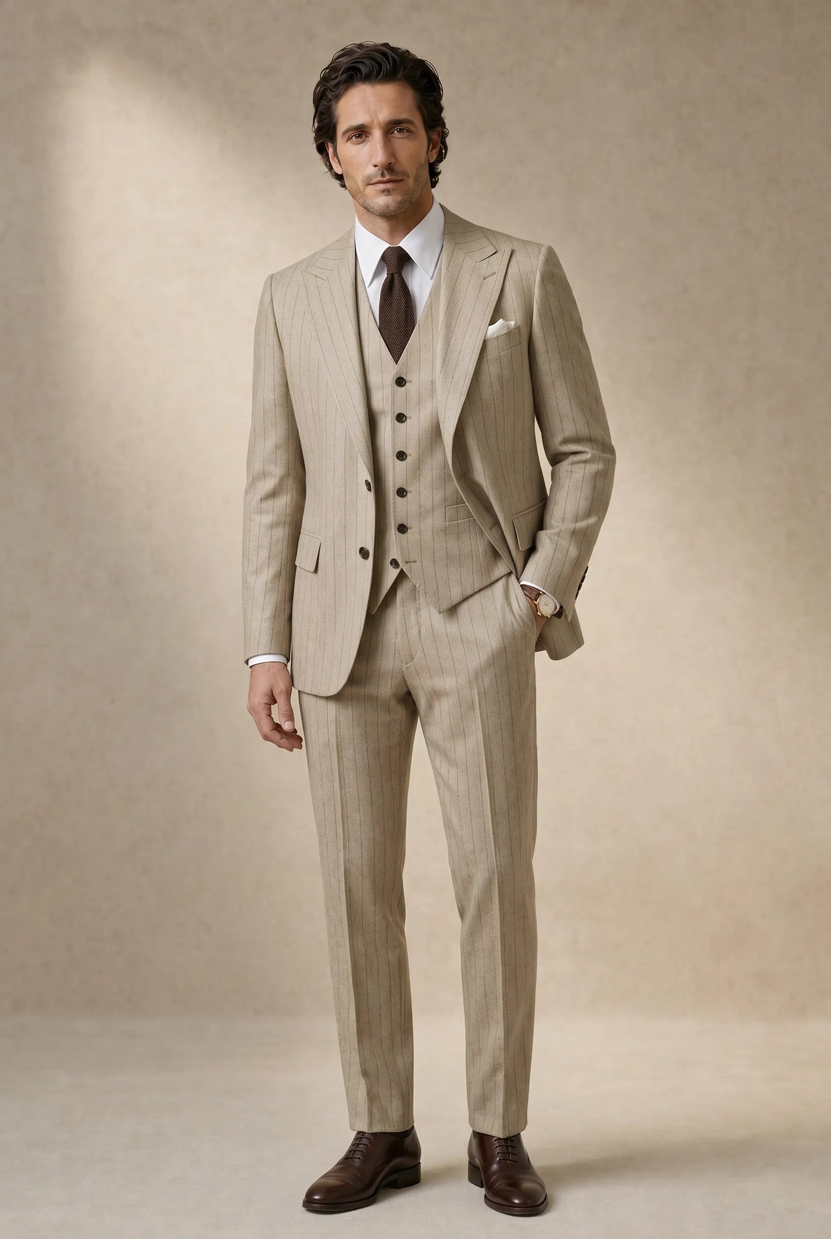 Saharan Pinstripe - Khaki Herringbone 3-Piece Suit Set
