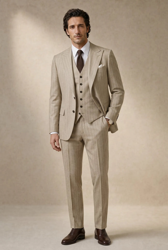 Saharan Pinstripe - Khaki Herringbone 3-Piece Suit Set