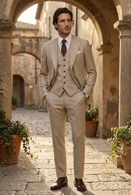 The Saharan Pinstripe - Khaki Herringbone 3-Piece Suit Set