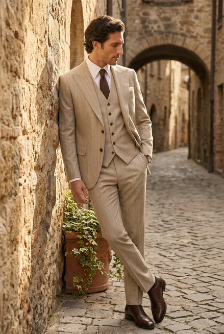 The Saharan Pinstripe - Khaki Herringbone 3-Piece Suit Set