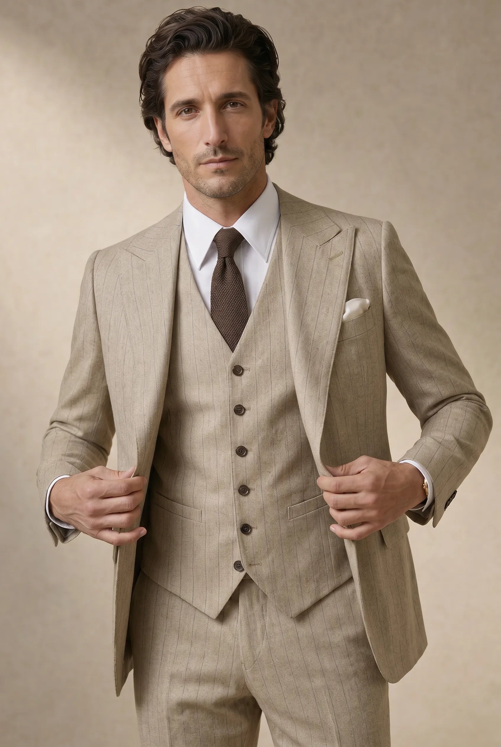 Saharan Pinstripe - Khaki Herringbone 3-Piece Suit Set