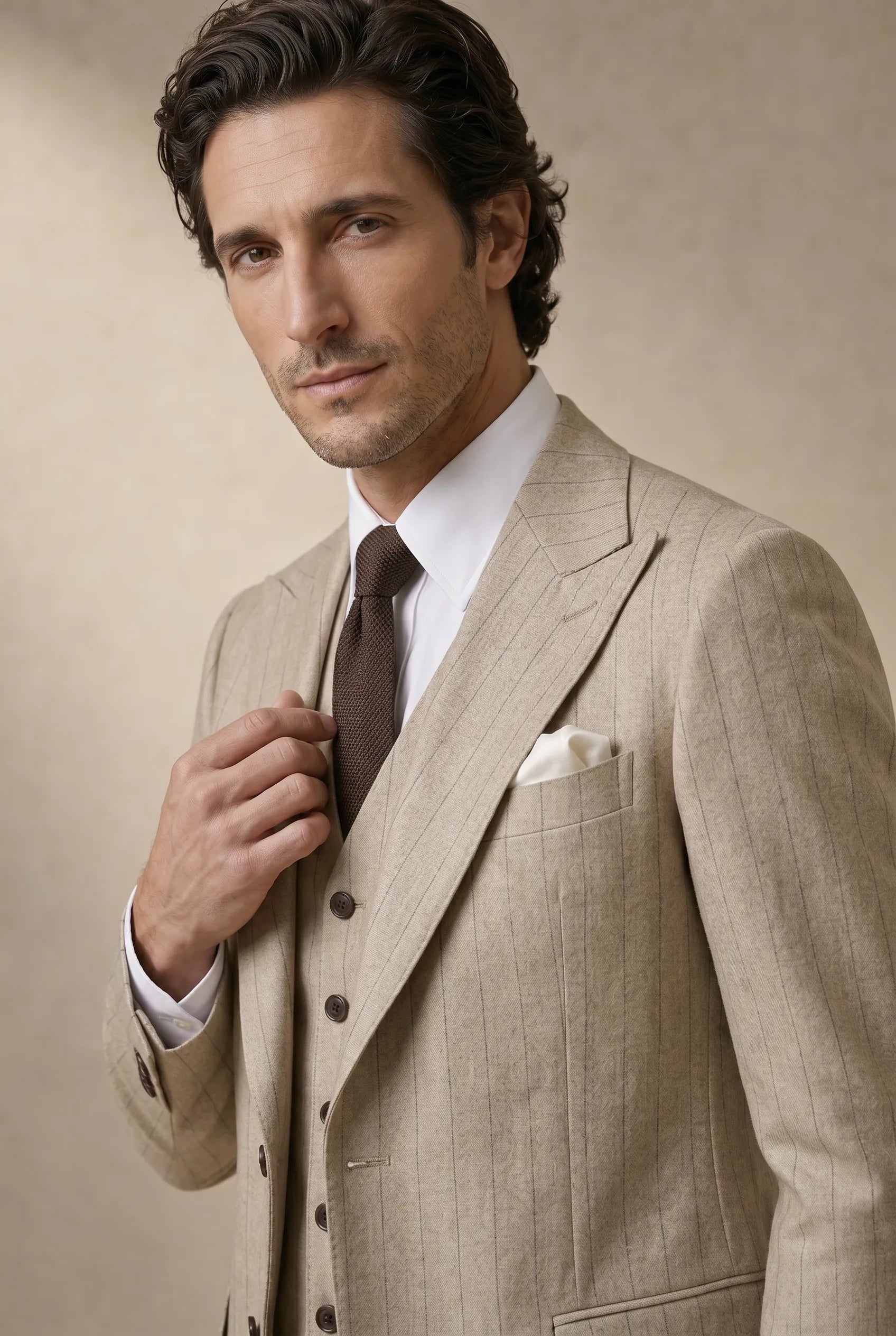 Saharan Pinstripe - Khaki Herringbone 3-Piece Suit Set