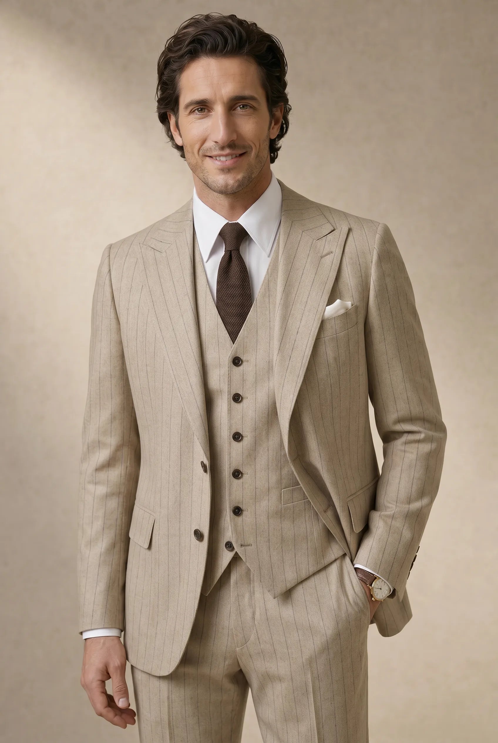 Saharan Pinstripe - Khaki Herringbone 3-Piece Suit Set