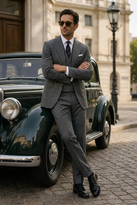 Graphite Windowpane - Charcoal Grey Textured 3-Piece Suit Set