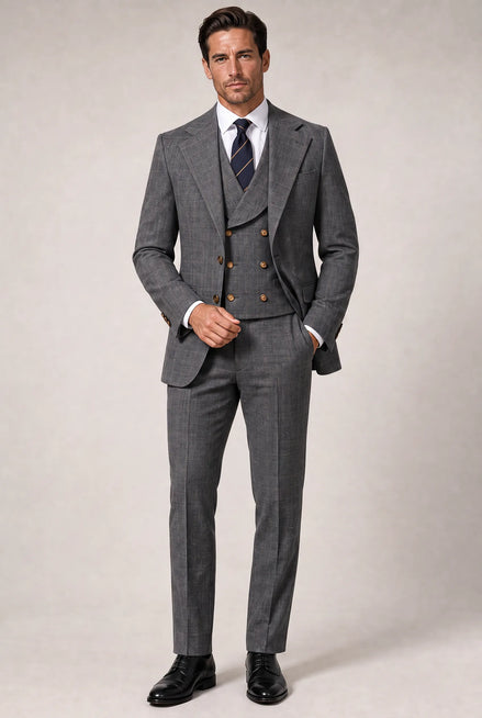 Graphite Windowpane - Charcoal Grey Textured 3-Piece Suit Set