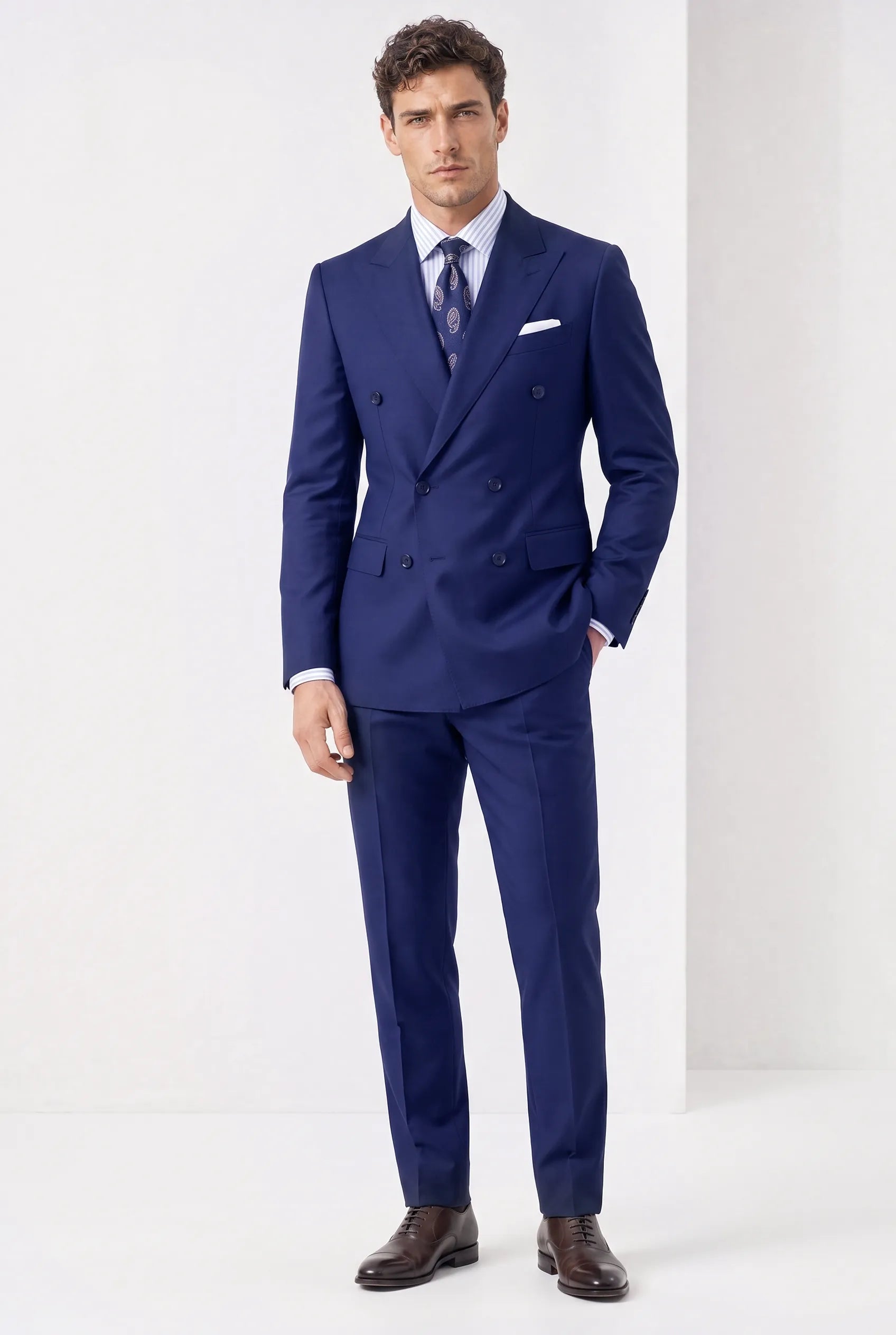 Ink Crownline royal blue double-breasted 2-piece suit full front studio view